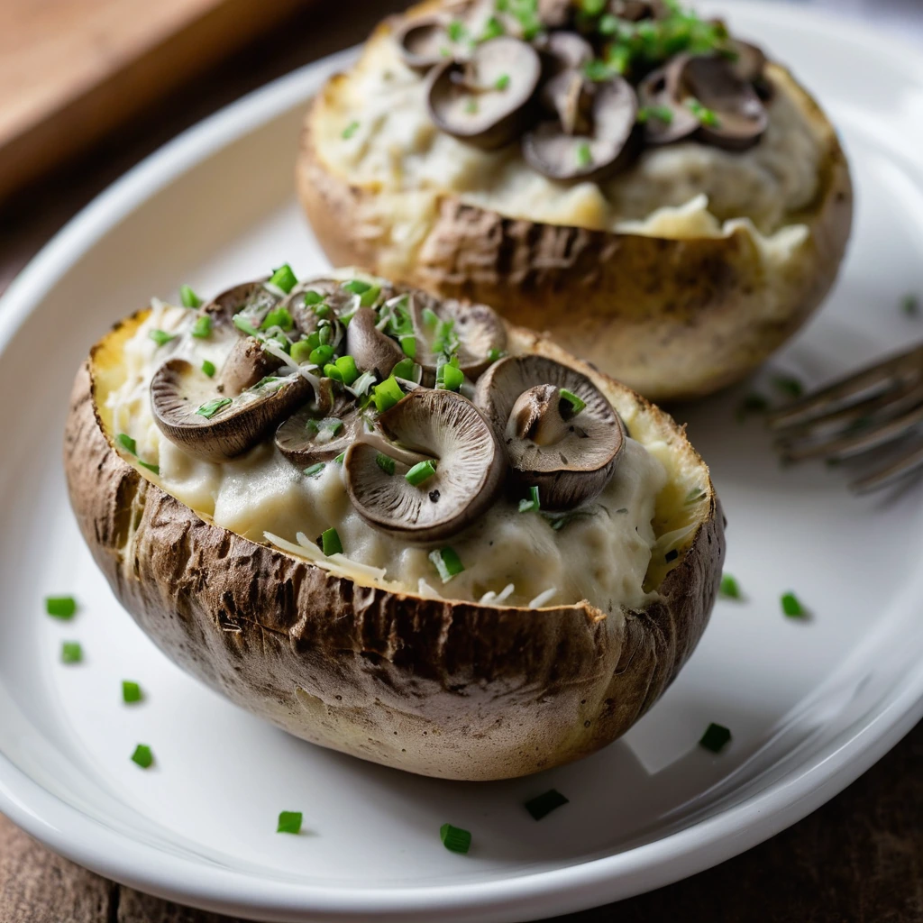 Two golden baked potatoes split open with a creamy mushroom and melted Swiss cheese filling, topped with chives.