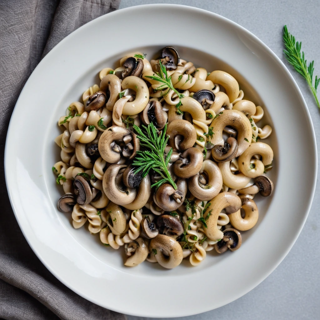 Cavatappi pasta twirled with sautéed mushrooms, creamy sauce, and fresh thyme leaves on a white plate.