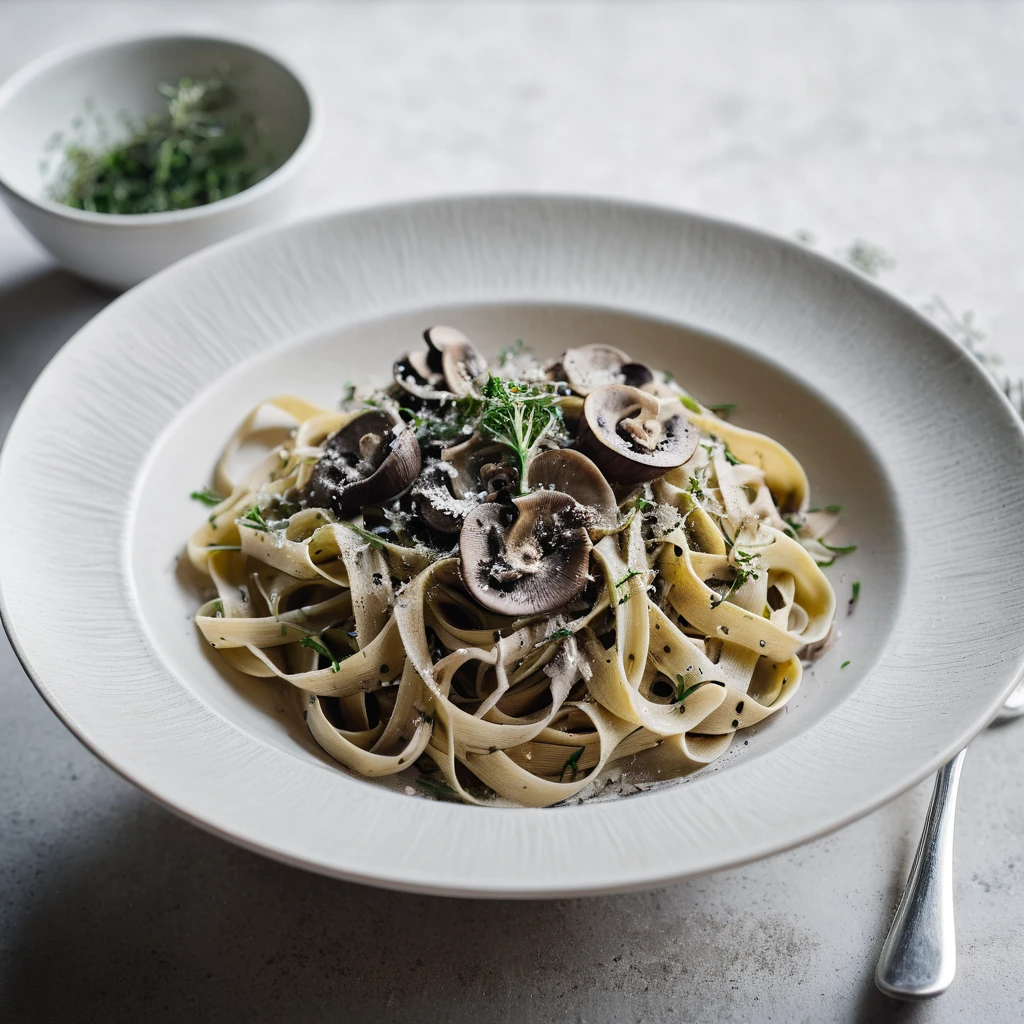 Creamy pasta in a bowl with mushrooms, fresh thyme sprigs, and grated Parmesan on top