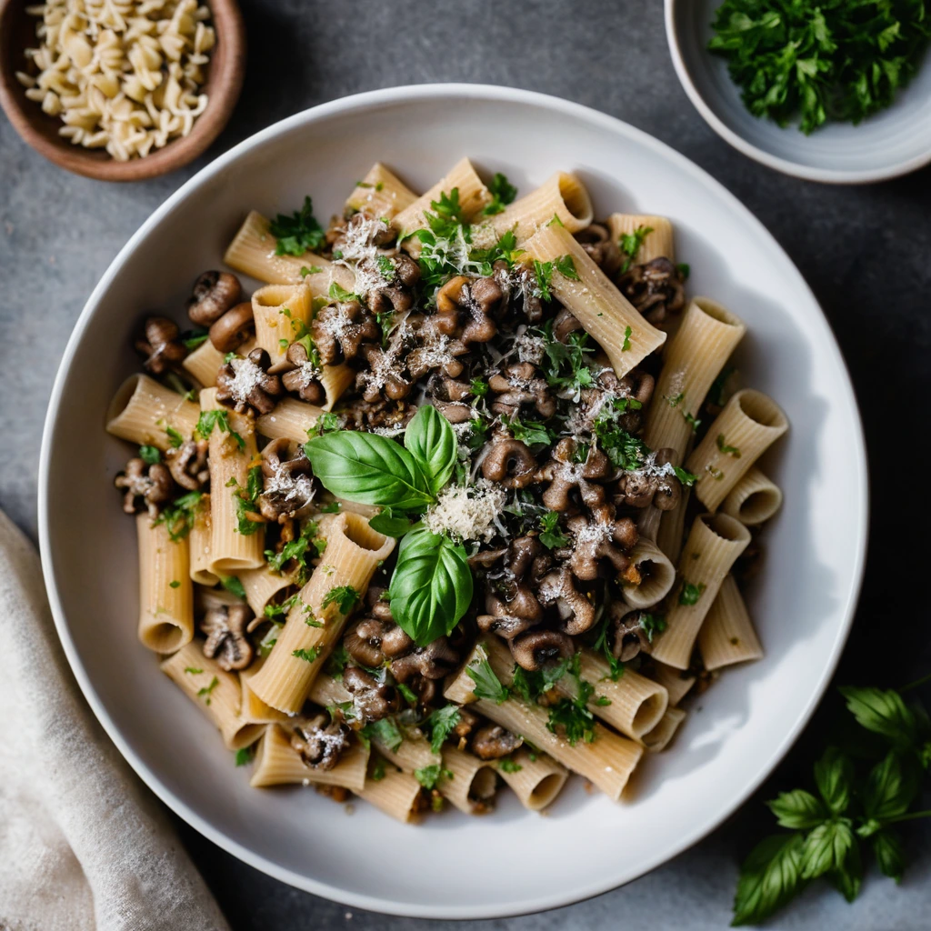 Bowl of rigatoni pasta drenched in a dark, savory mushroom and walnut sauce, garnished with fresh parsley.
