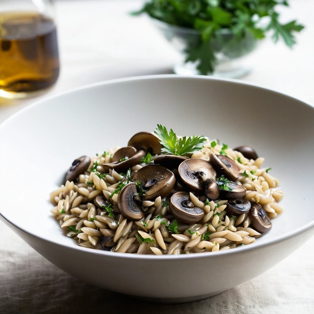 Golden orzo and brown mushrooms in a glossy sauce served in a white bowl with fresh parsley scattered on top.