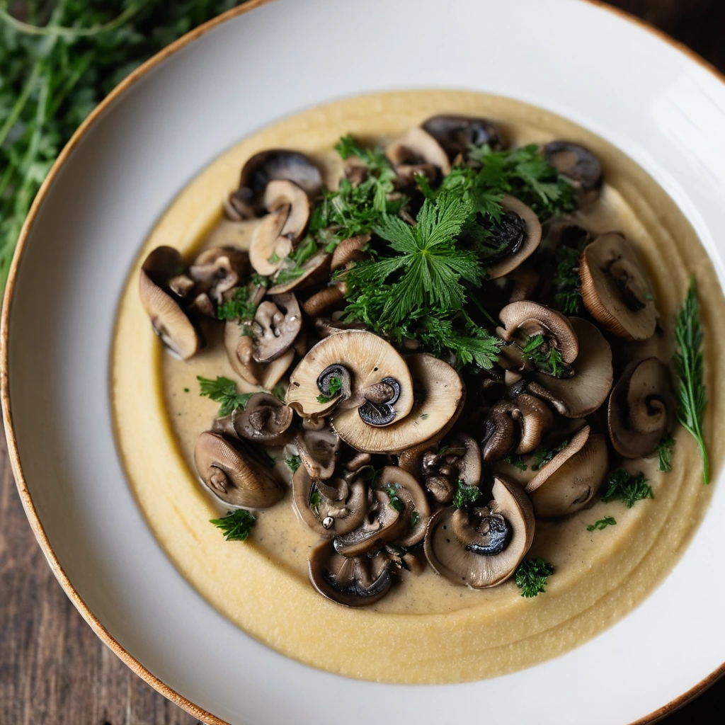 Creamy golden polenta topped with a savory mushroom sauce, garnished with fresh parsley in a rustic serving bowl.