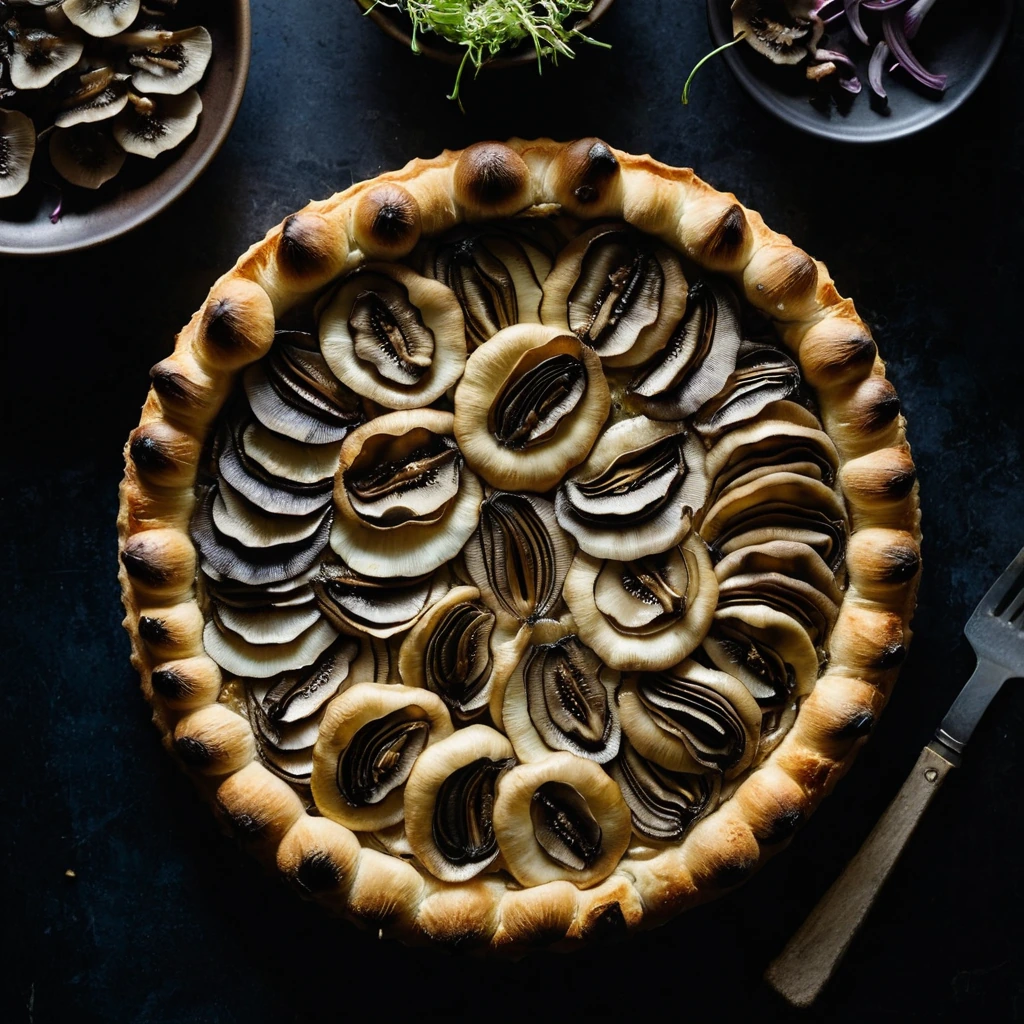 Rustic tart with golden pastry, caramelized onions, mushrooms, and melted Gruyère cheese.