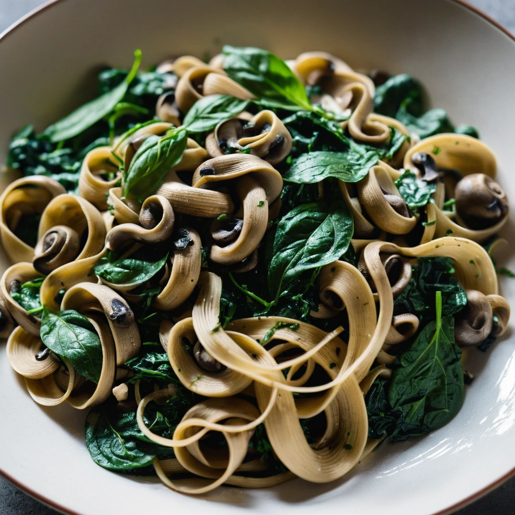 Golden tagliatelle twirled with mushrooms and spinach in a glossy sauce, sprinkled with fresh parsley.