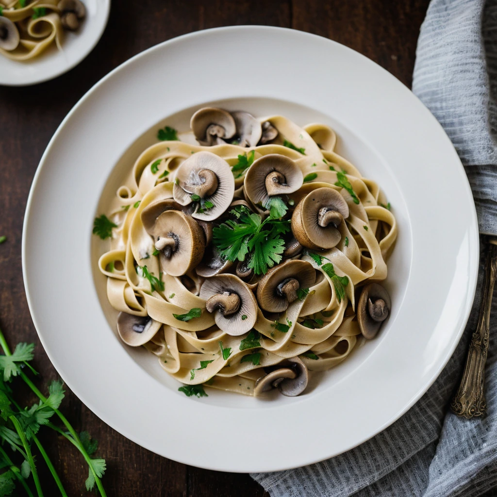 golden egg noodles in a creamy brown sauce with sliced mushrooms and fresh parsley