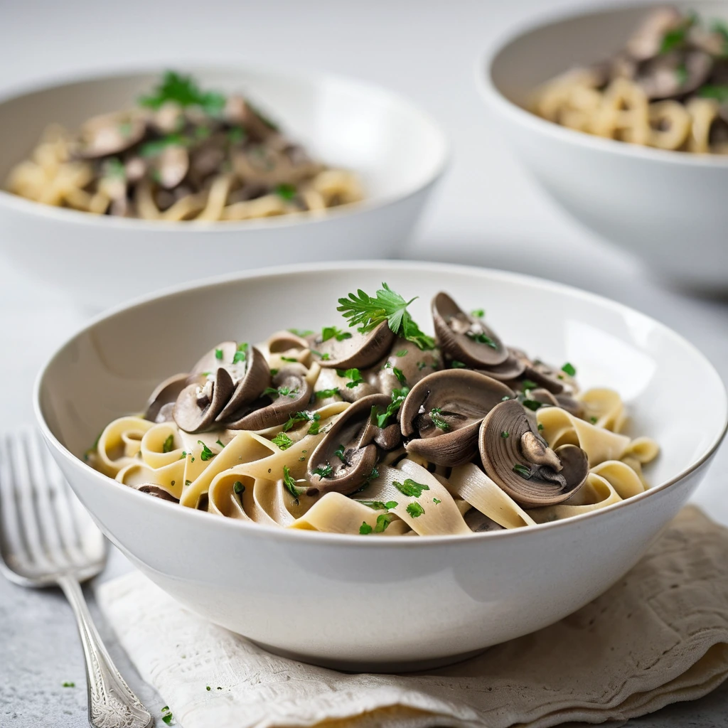 Golden egg noodles smothered in rich, creamy mushroom sauce in a shallow bowl, garnished with fresh parsley.