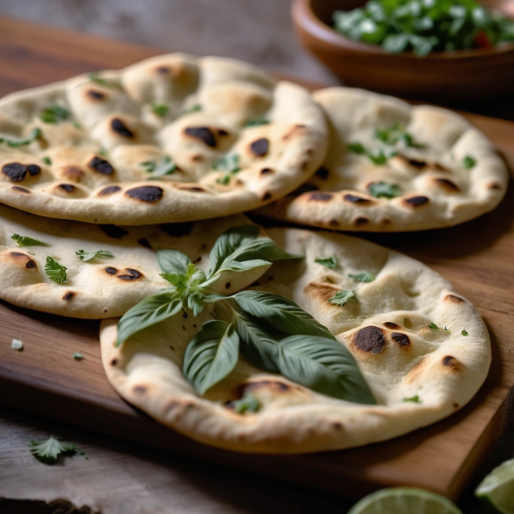 Golden naan bread on a wooden board with a few torn pieces showing the fluffy interior.
