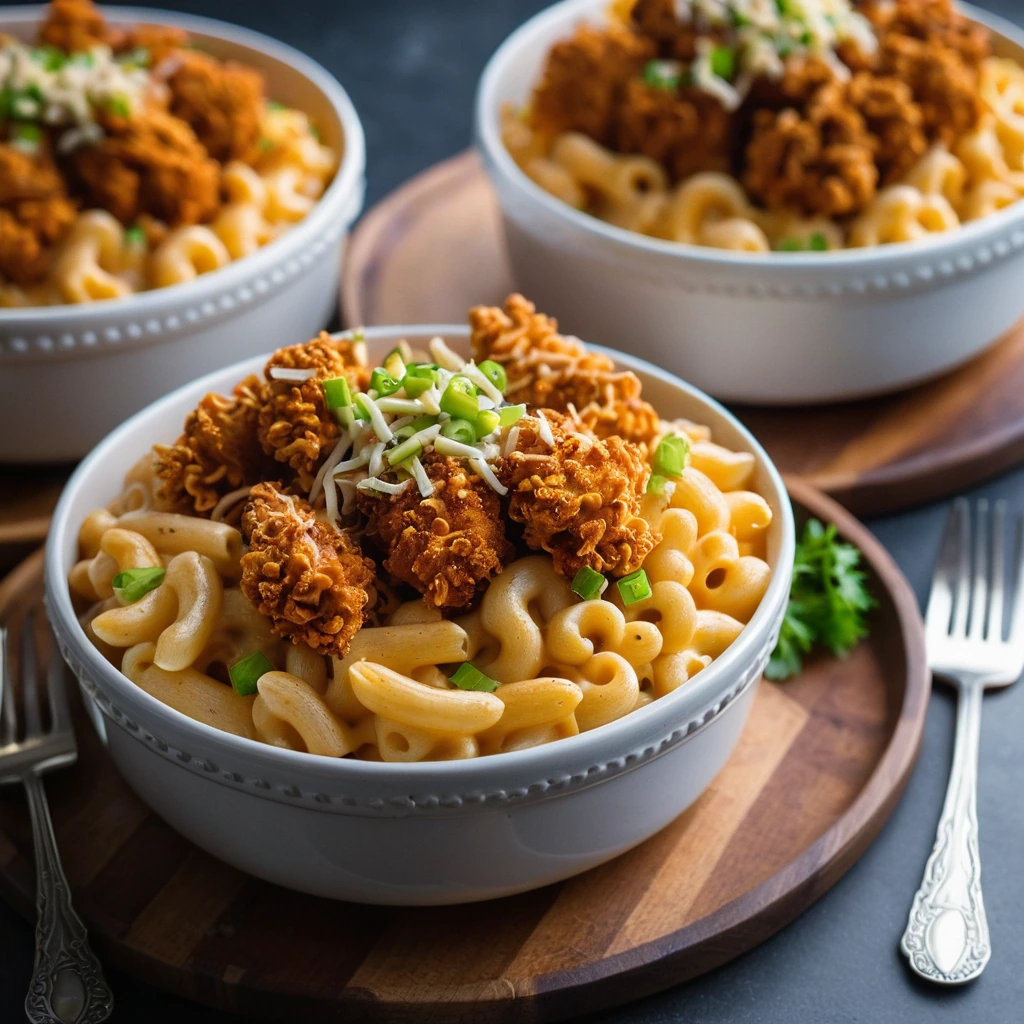 Baked mac and cheese in bowls topped with crispy golden chicken pieces and a sprinkle of green onions.