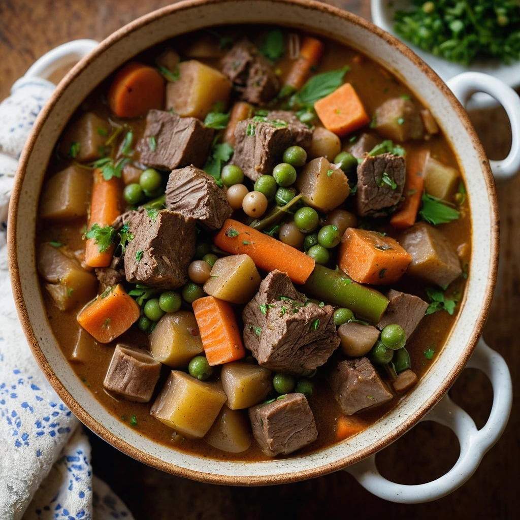 Hearty stew in a rustic bowl with chunks of lamb, peas, carrots, and potatoes in a golden-brown sauce.