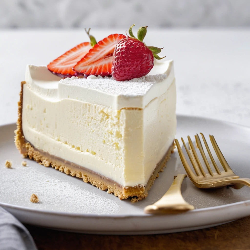 Slice of creamy white cheesecake on a golden graham cracker crust, dusted with powdered sugar.