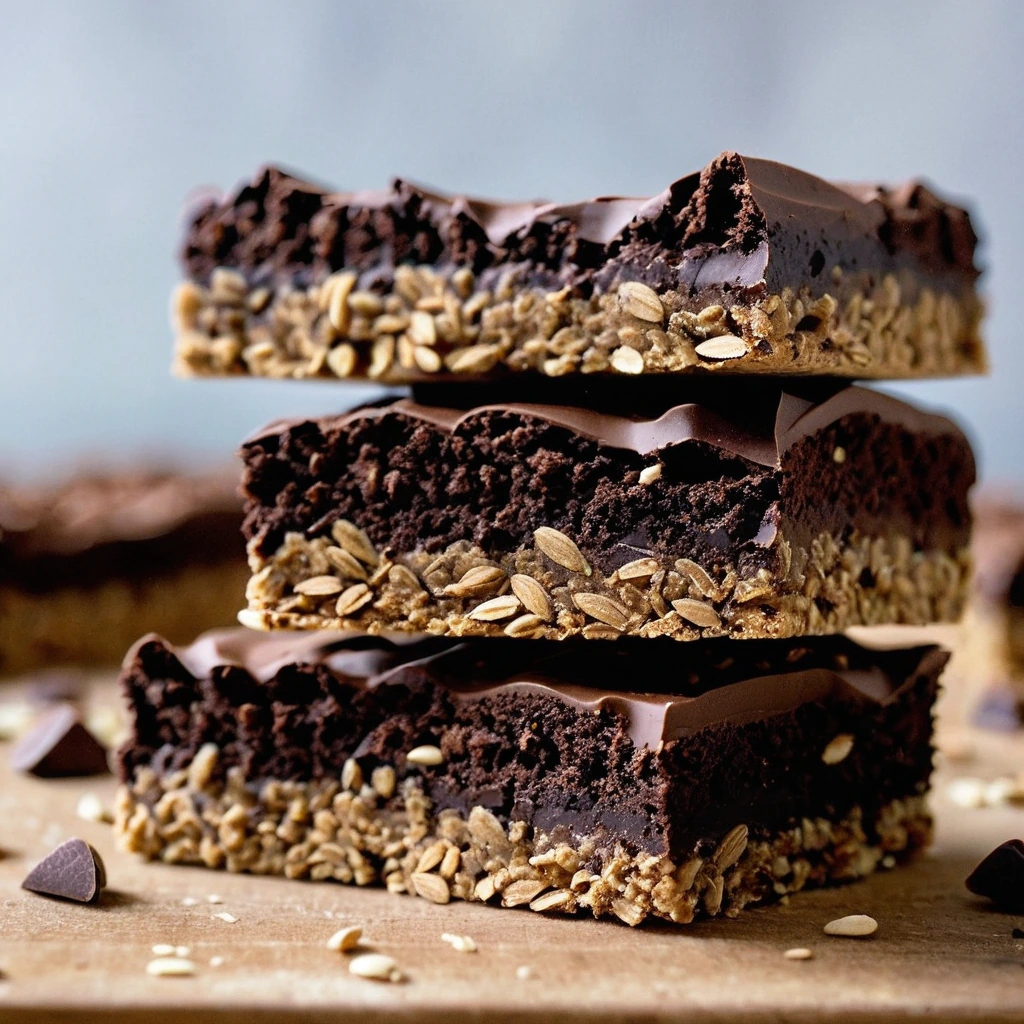 Golden brown oat bars dusted with cocoa powder, arranged on a rustic wooden board.