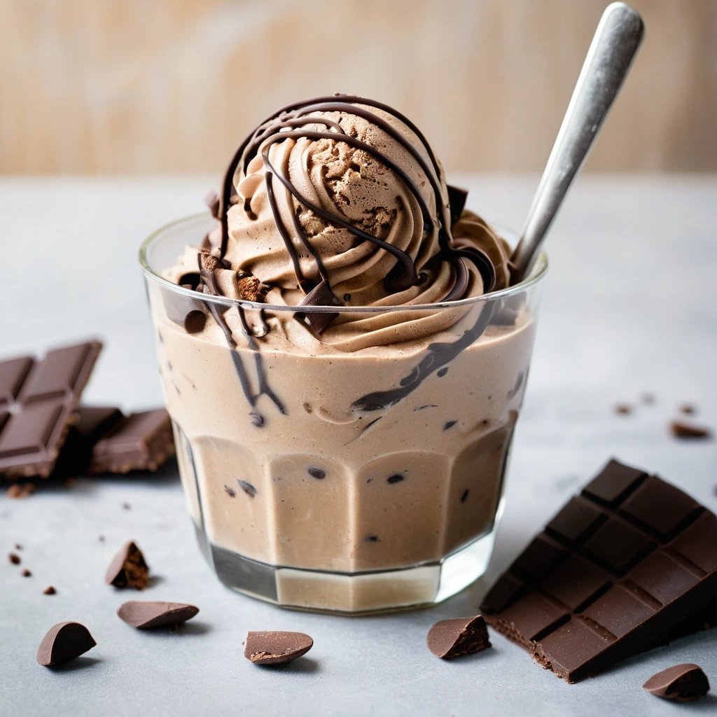 A bowl of creamy tan and brown ice cream with swirls of peanut butter and chocolate chunks.