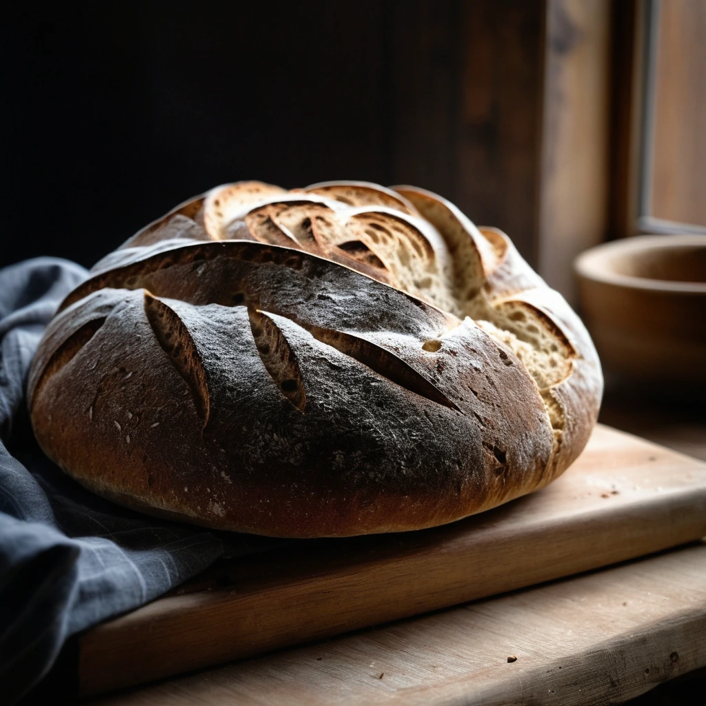 Rustic round loaf with a dark golden crust, dusted with flour, resting on a wooden board.