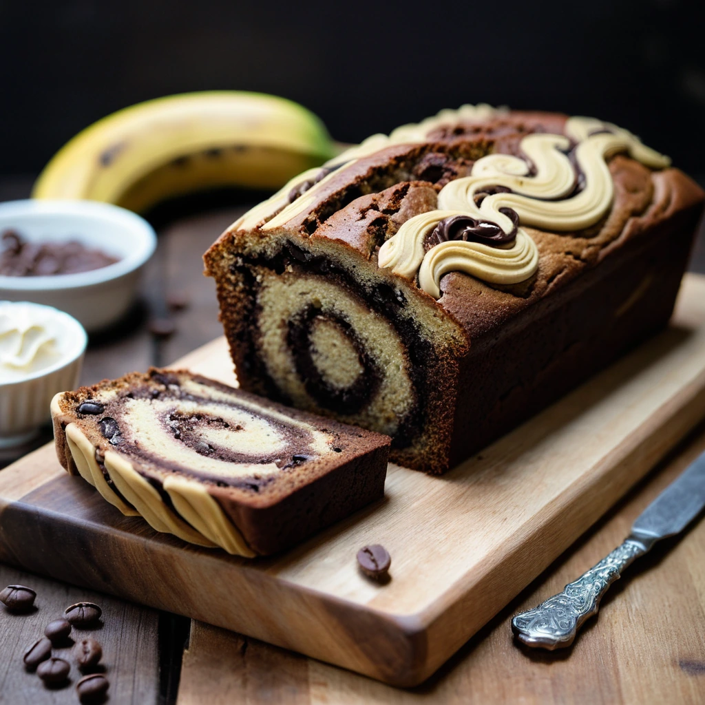 A golden loaf of banana bread with dark chocolate swirls, presented on a rustic wooden board.