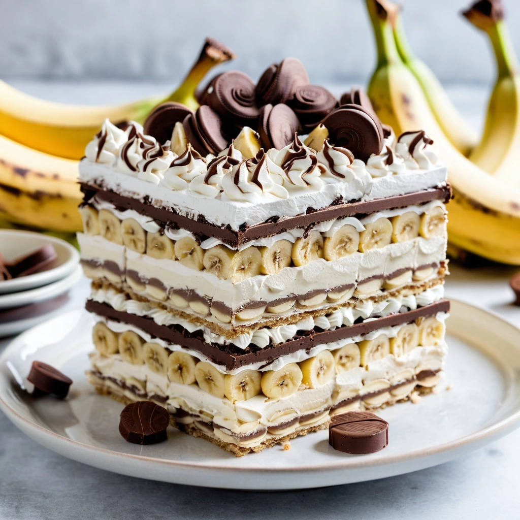 A rectangular dish filled with layers of chocolate wafers, banana slices, and creamy swirls of Nutella and vanilla pudding.