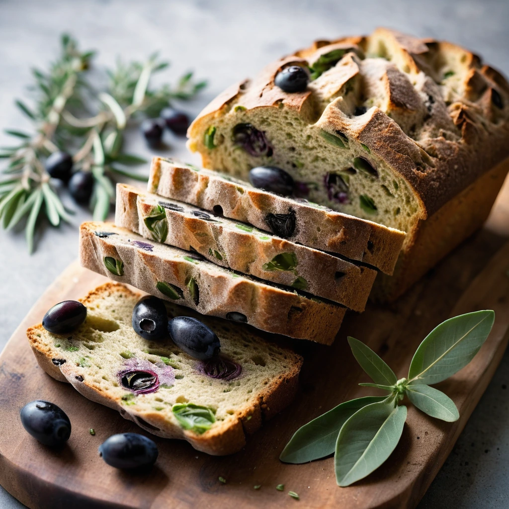 Golden rustic loaf with green herbs and black olives, sliced to reveal a speckled interior.
