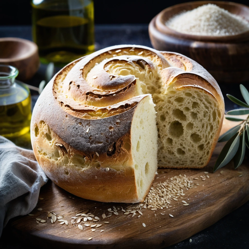 A single round loaf with a golden-brown crust, brushed with olive oil and sprinkled with coarse sea salt, served on a wooden board.