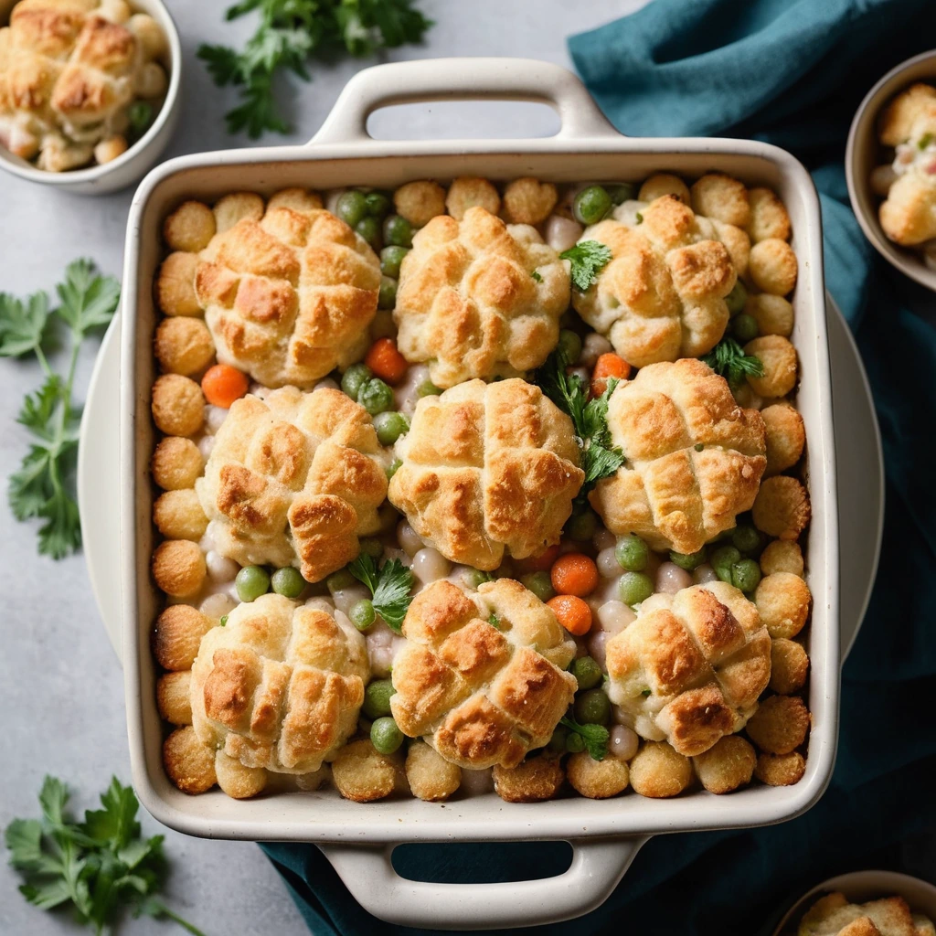A pan filled with a bubbly, golden chicken pot pie topped with a layer of crispy tater tots.
