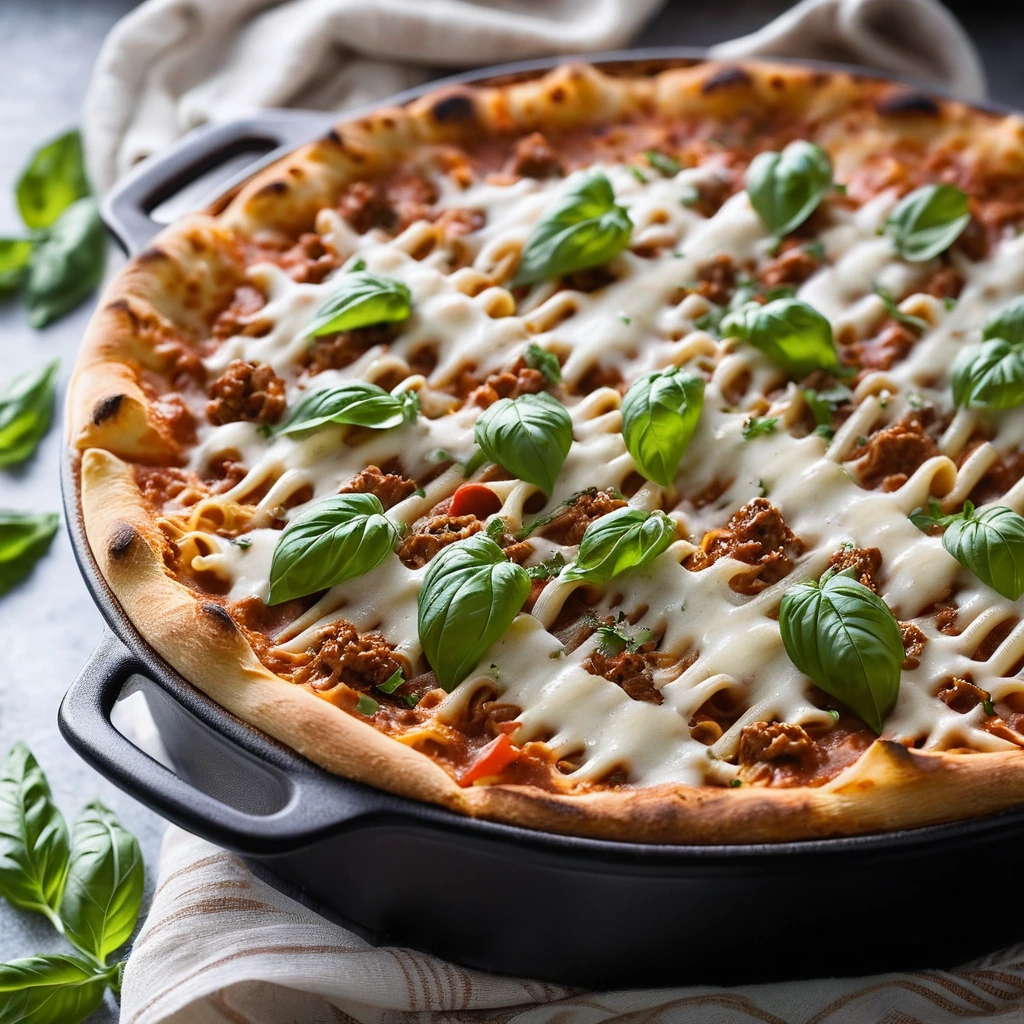 golden pasta in a red sauce, topped with melted mozzarella and a sprinkle of green herbs