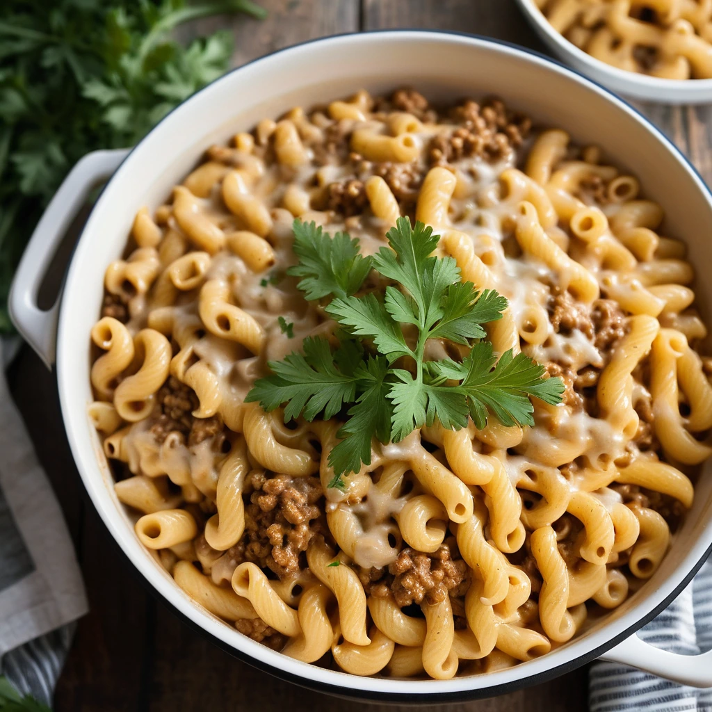 A golden bowl of creamy macaroni topped with melted cheese and ground beef, garnished with fresh parsley.