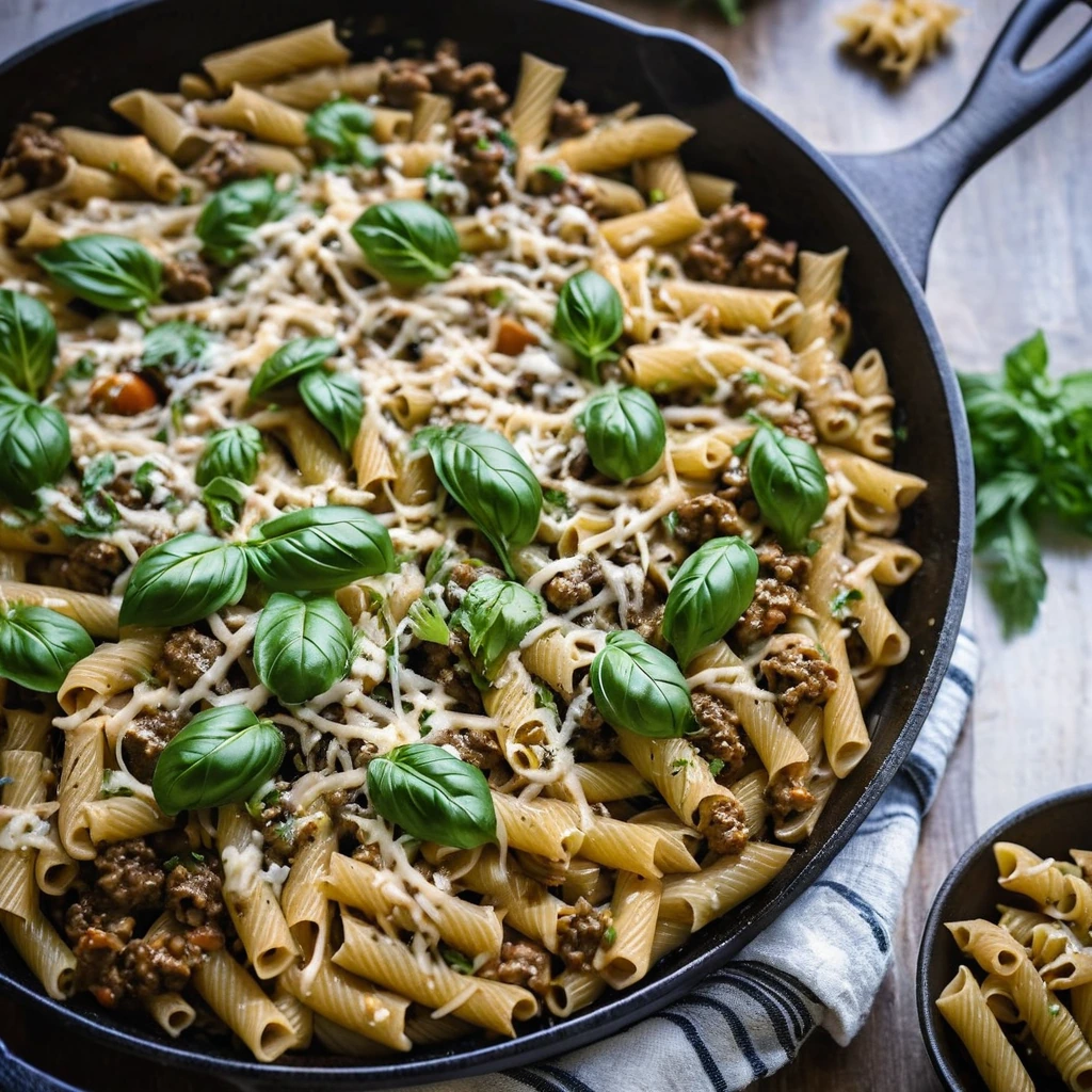 Golden skillet pasta with ground beef, melted cheese, and fresh parsley on top, served in a cast iron skillet.