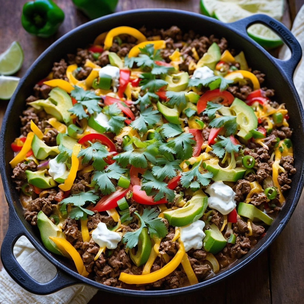 Golden skillet filled with a mixture of browned beef, melted cheese, and colorful peppers and onions.
