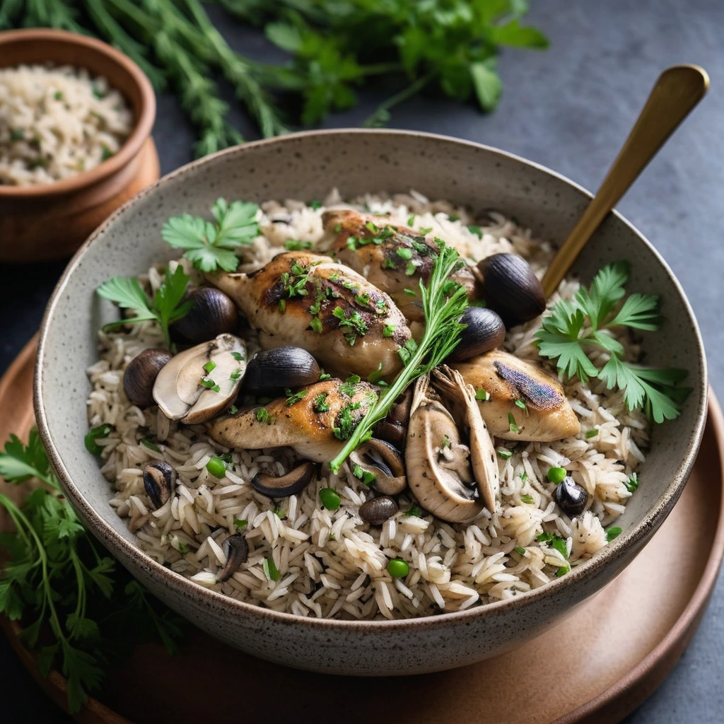 A rustic bowl of creamy rice speckled with golden chicken, dark mushrooms, and fresh green herbs.