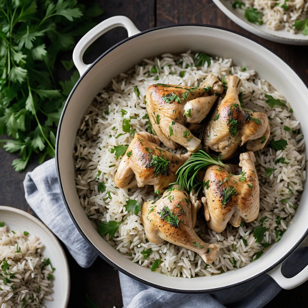Golden chicken pieces nestled among fragrant green herbs atop a bed of creamy white rice in a rustic pot.