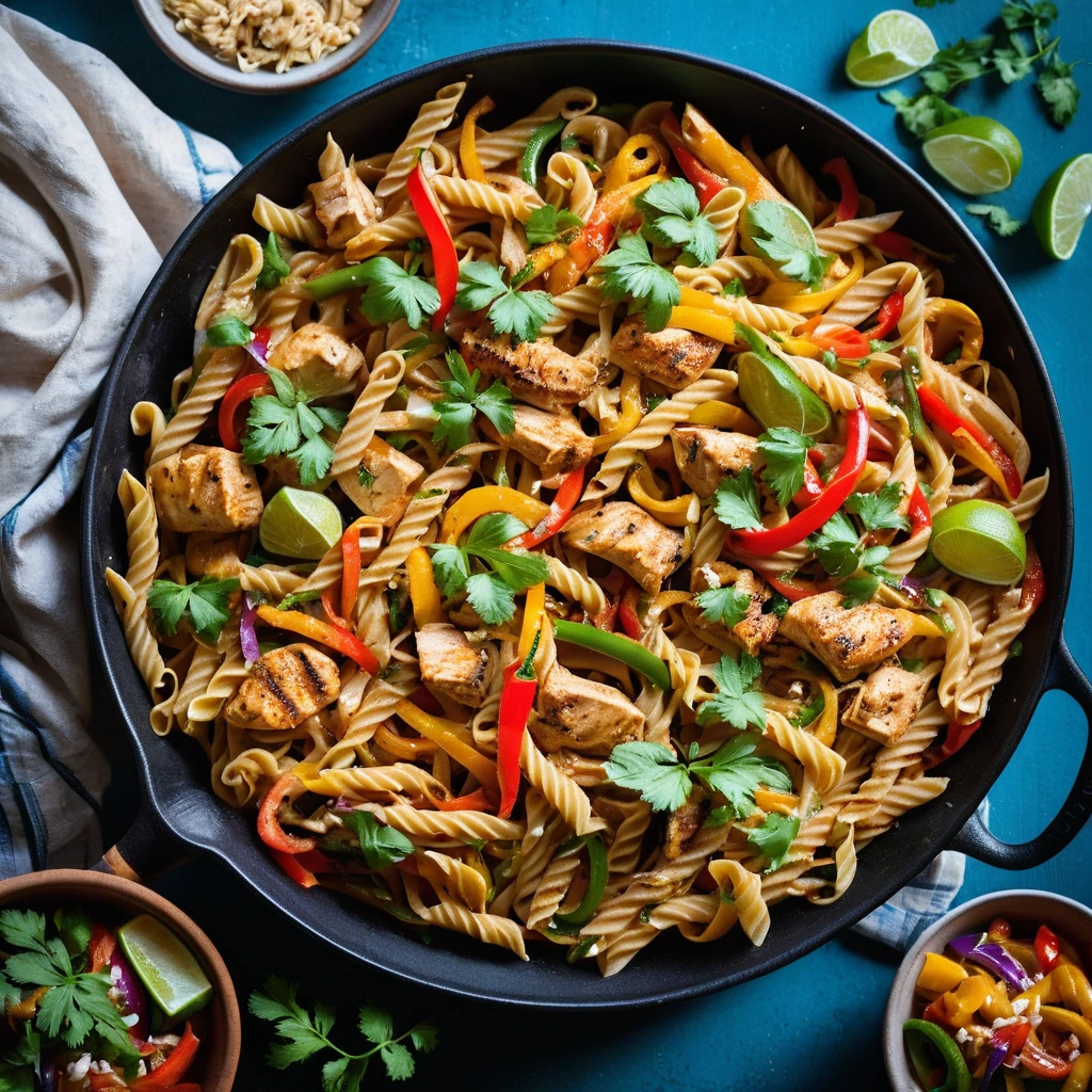 Golden pasta twirled with grilled chicken and colorful bell peppers in a vibrant skillet.