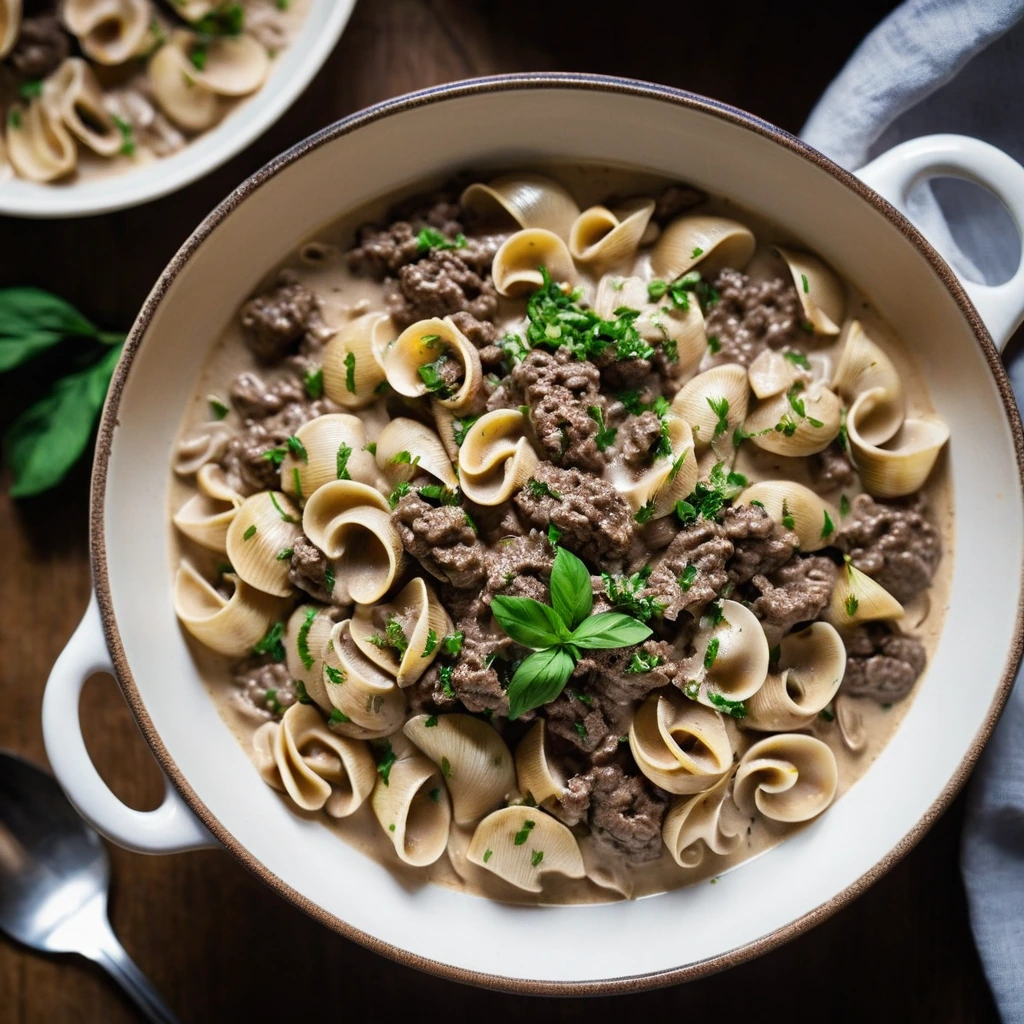 Golden pasta shells mixed with tender beef in a creamy white sauce served in a rustic bowl.