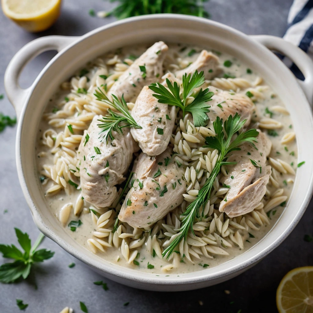 Golden orzo and succulent chicken pieces in a creamy white sauce, sprinkled with fresh herbs, served in a rustic pot.