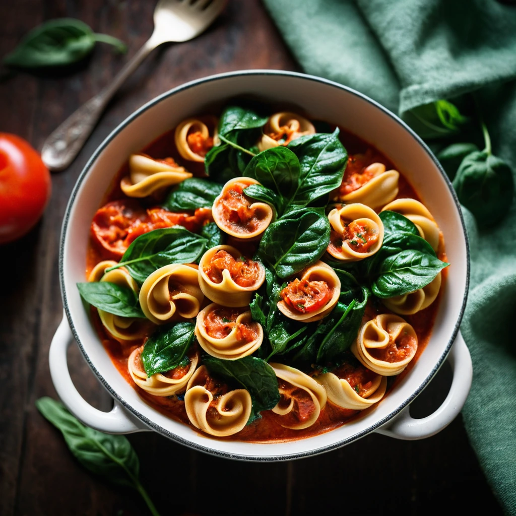 Golden tortellini in a rich red sauce with green spinach, served in a rustic bowl.