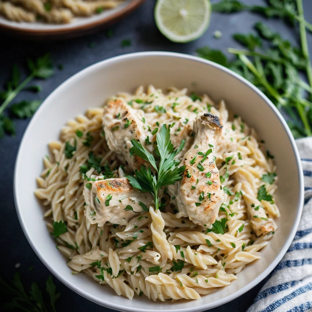 Golden orzo nestled with tender chicken pieces in a creamy, golden parmesan sauce, garnished with parsley.