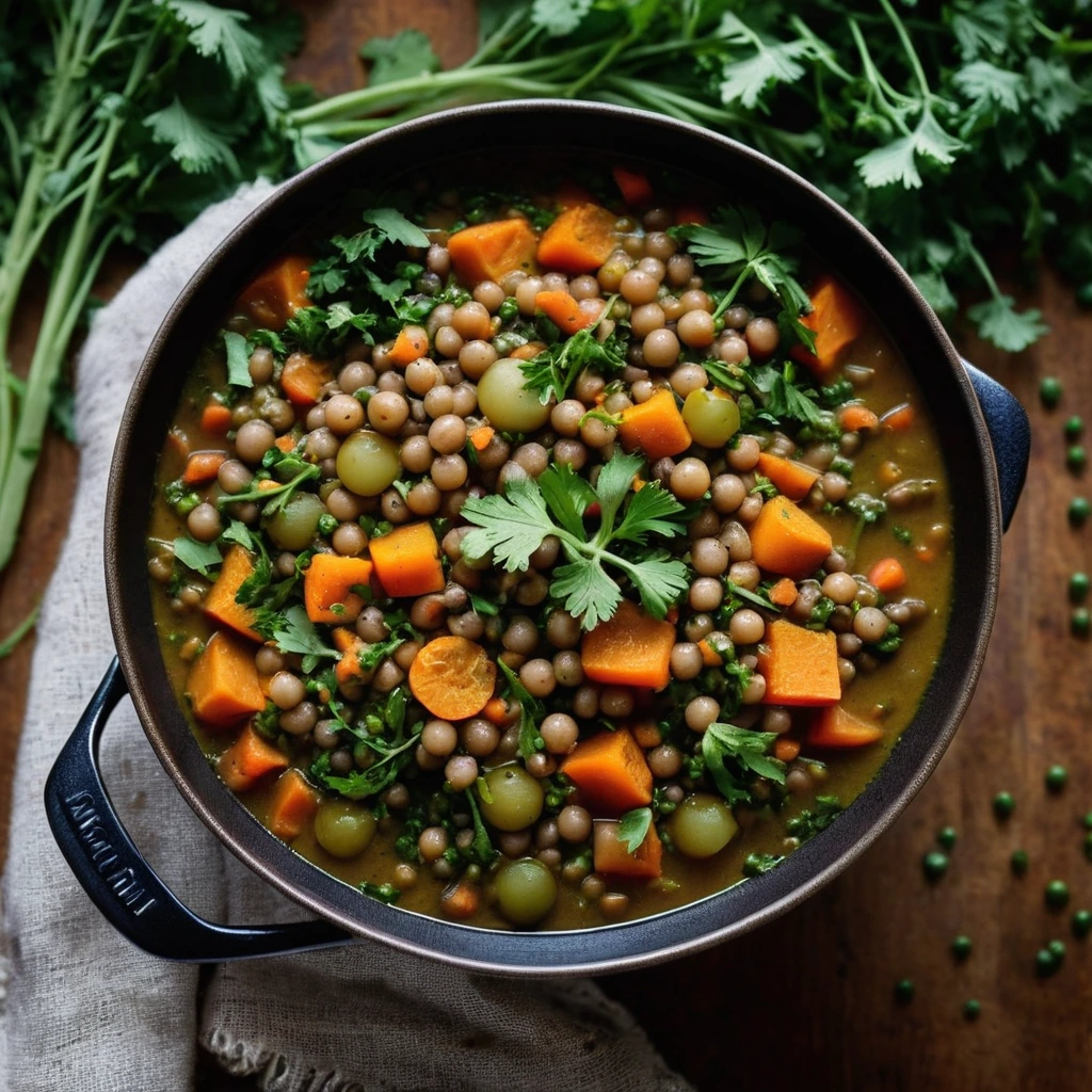 Rustic bowl of vibrant green and orange vegetable stew with lentils, garnished with fresh herbs.