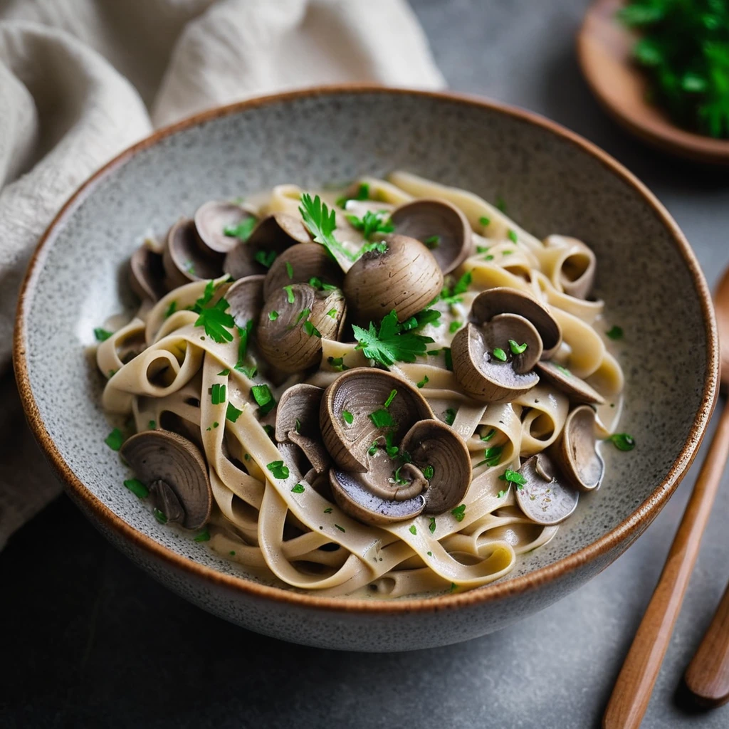 Golden egg noodles smothered in a creamy mushroom sauce in a rustic bowl, garnished with fresh parsley.