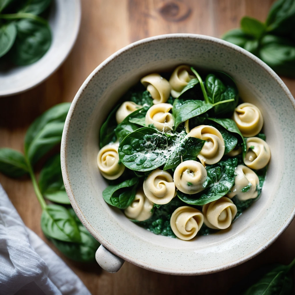 Golden tortellini nestled in a creamy sauce with vibrant green spinach in a rustic bowl.