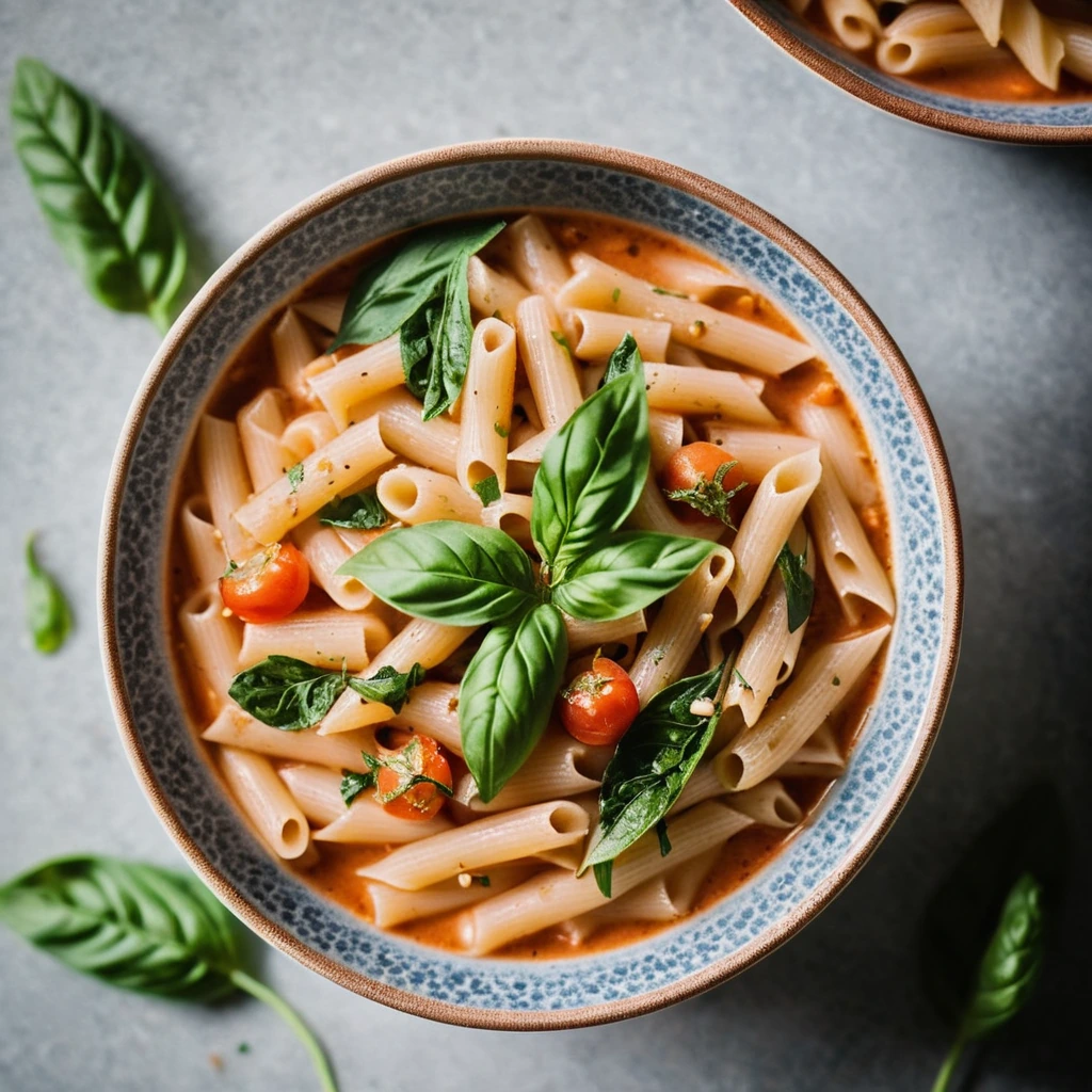 Rustic bowl of creamy white bean and pasta stew with tomato sauce and fresh basil leaves.