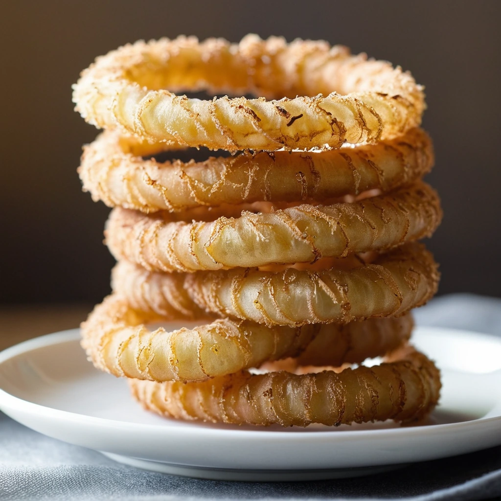 golden crispy onion rings stacked on a white plate