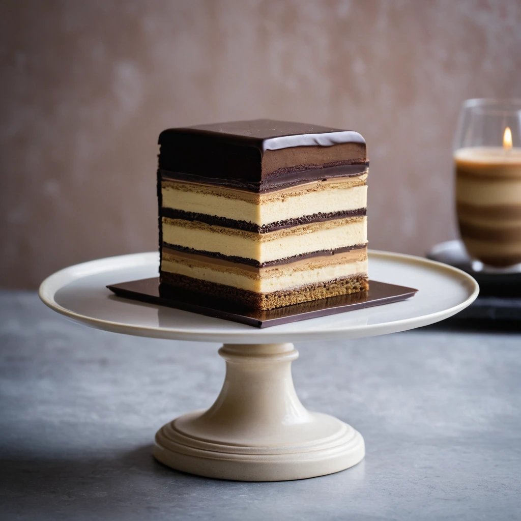 Stacked layers of cake with coffee buttercream and glossy chocolate glaze on a cake stand
