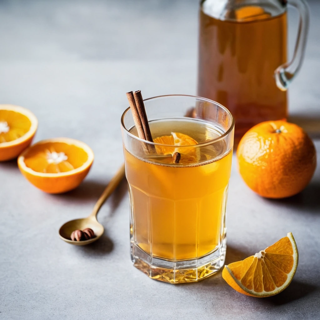 Golden syrup in a glass bottle with orange peel and cardamom pods visible