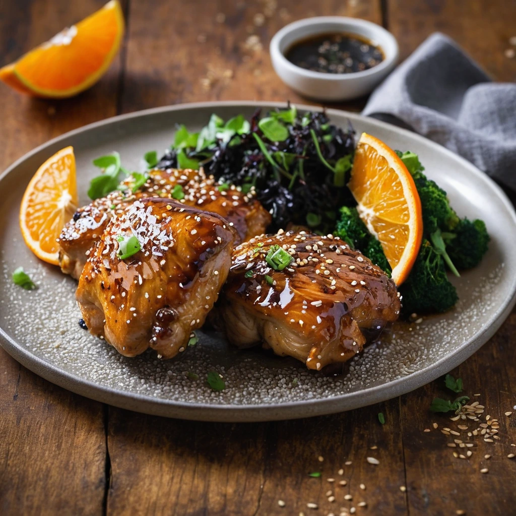 Golden chicken thighs glistening with an orange glaze, sprinkled with sesame seeds, arranged on a rustic wooden board.