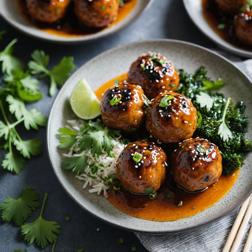 Plump orange-glazed meatballs nestled on a bed of vibrant green cilantro, dusted with black sesame seeds.
