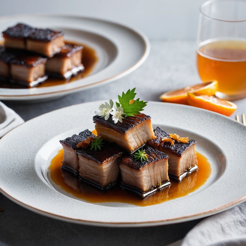 Shiny, caramelized pork belly slices arranged on a white plate with a glossy orange sauce