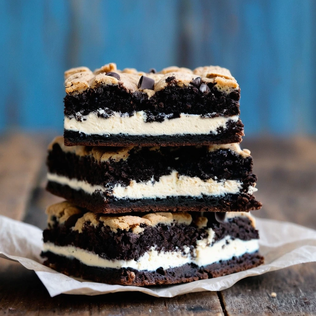 Golden-brown squares with a visible layer of crushed Oreos in the center, arranged on a rustic wooden board.