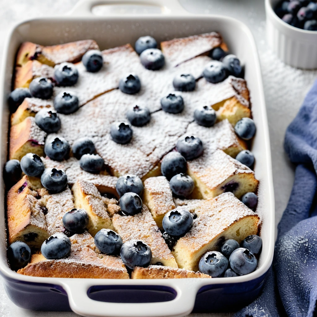 Golden brown casserole with plump blueberries in a baking dish, sprinkled with powdered sugar.