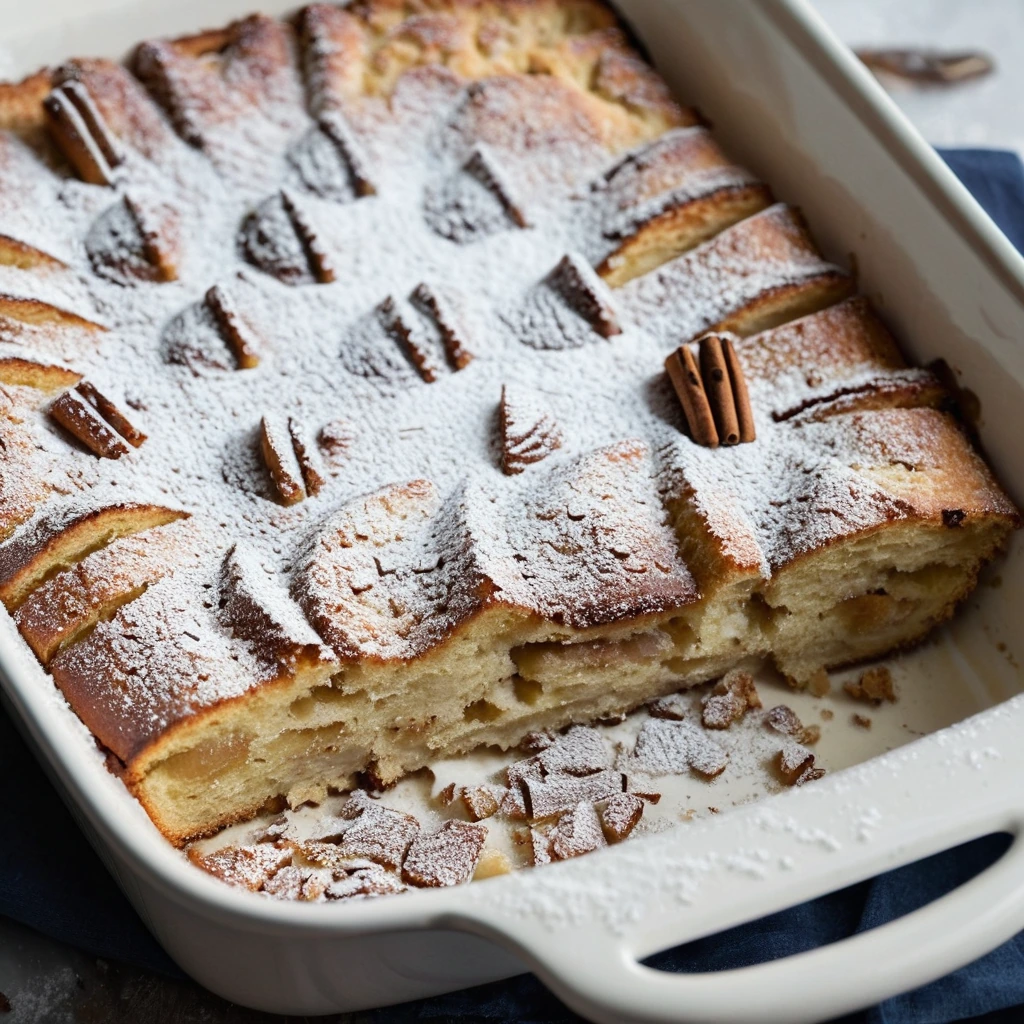 Golden brown casserole with a dusting of cinnamon and powdered sugar in a baking dish.
