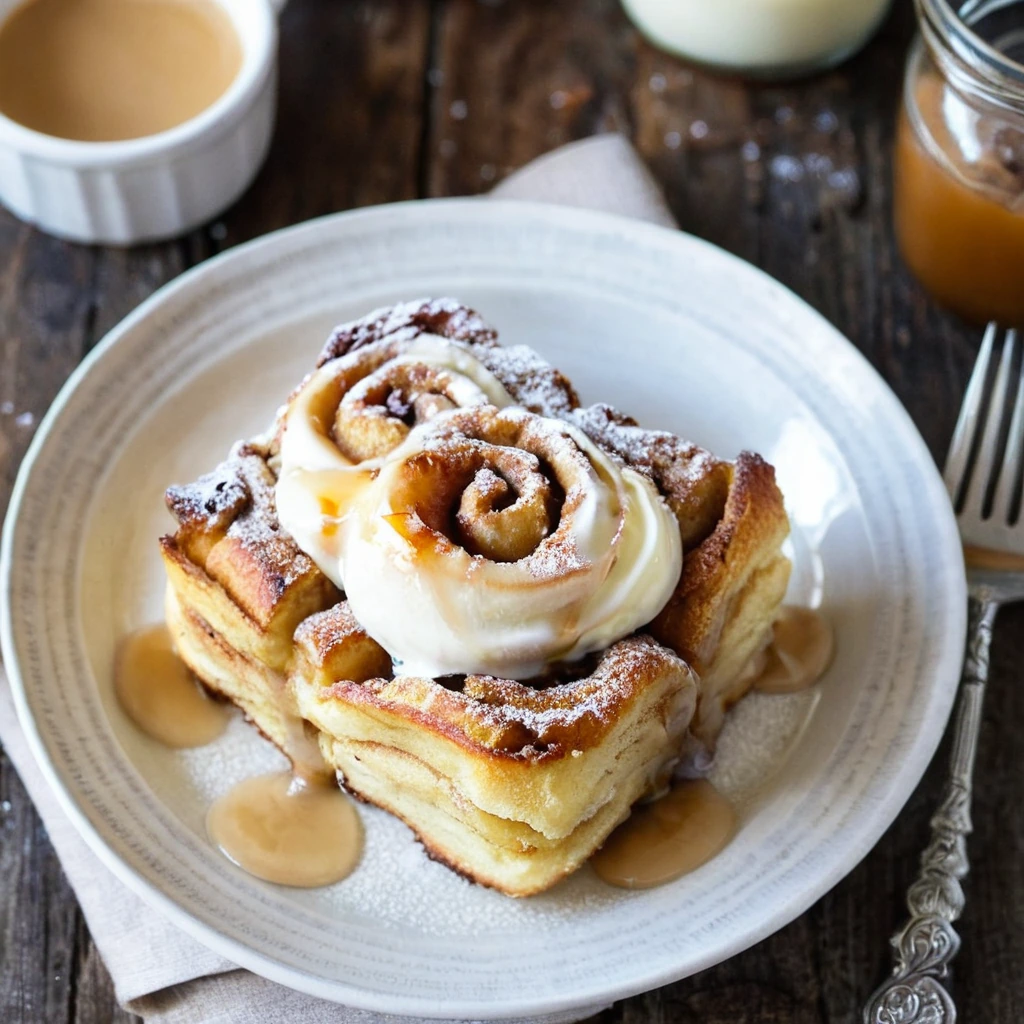 A plated serving of Overnight Cinnamon Roll French Toast Bake