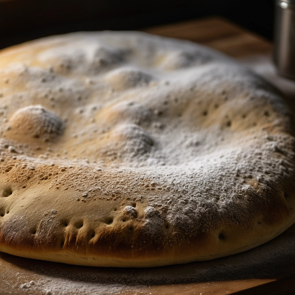 Golden dough resting on a wooden counter, dusted with flour.