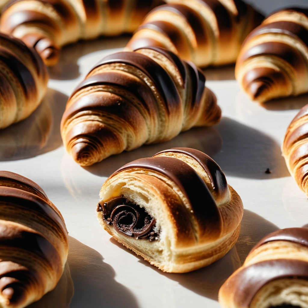 Golden brown crescent-shaped pastries with melted chocolate visible inside.
