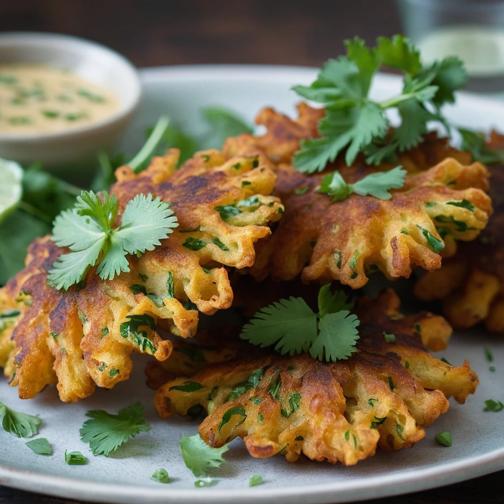 A plate of golden brown vegetable fritters sprinkled with fresh cilantro.